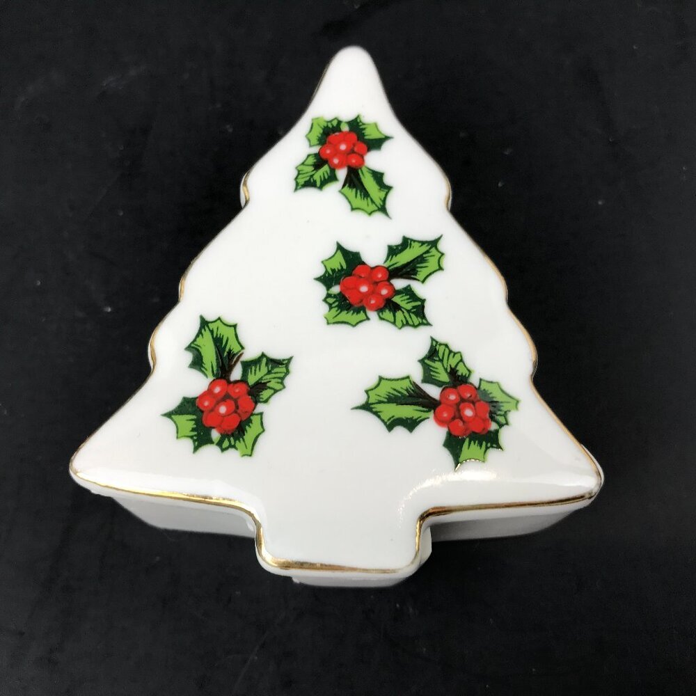 Small Porcelain Lefton Christmas tree, Holly Berry trinket box